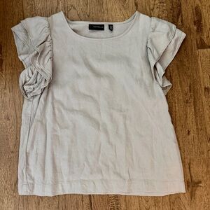 $78 Rafaella Women's Linen Ruffle Blouse Top in Khaki/Stone S, Small, worn once